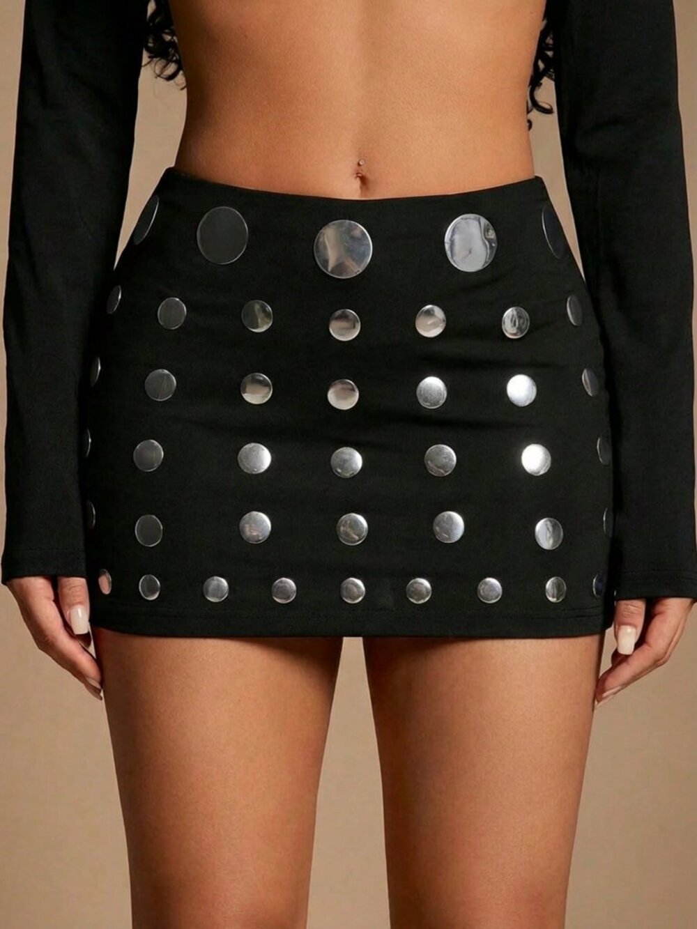 Black Sexy Women's metal Polka Dot Mini Bodycon Skirt - Picture 7 of 8